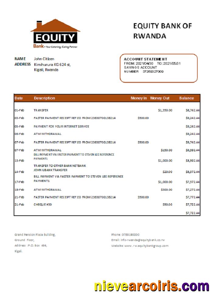 Rwanda Equity Bank statement easy to fill in .xls and .pdf file format.1